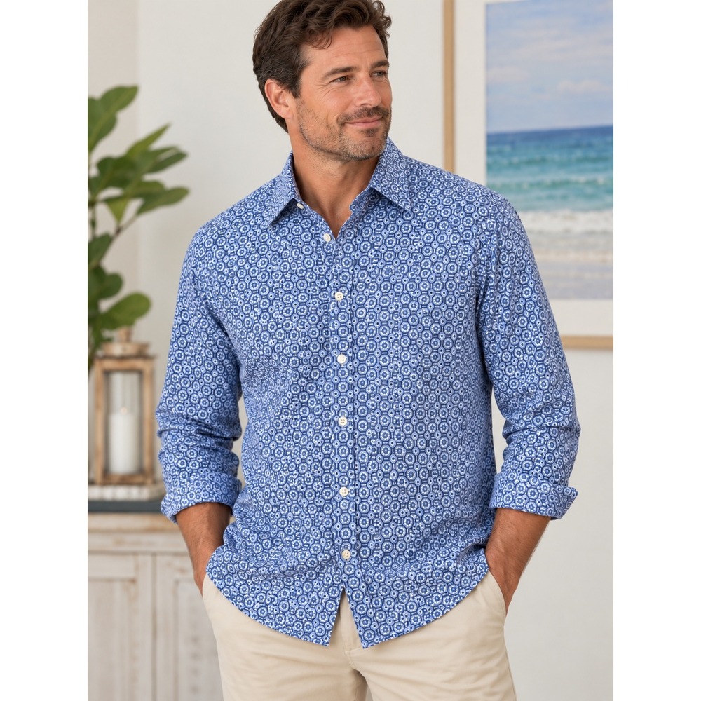 Cremieux Collection Canclini 100% Linen Shirt XXL Blue Geometric Button Down